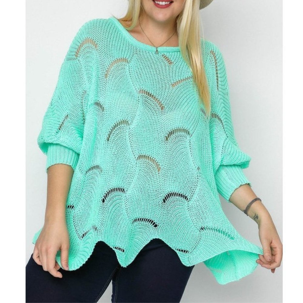 Plus Boho Mint Crochet Knit Kimono Tunic Sweater - Picture 1 of 5